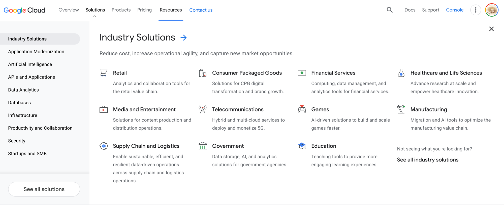 Google Cloud Industry Solutions page showing the breadth of products across sectors