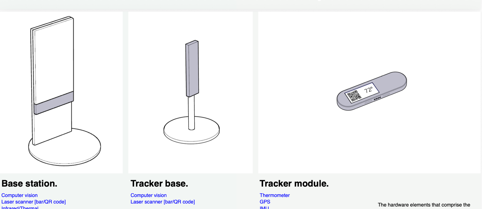 Hardware artifacts: base station, tracker base, and tracker module