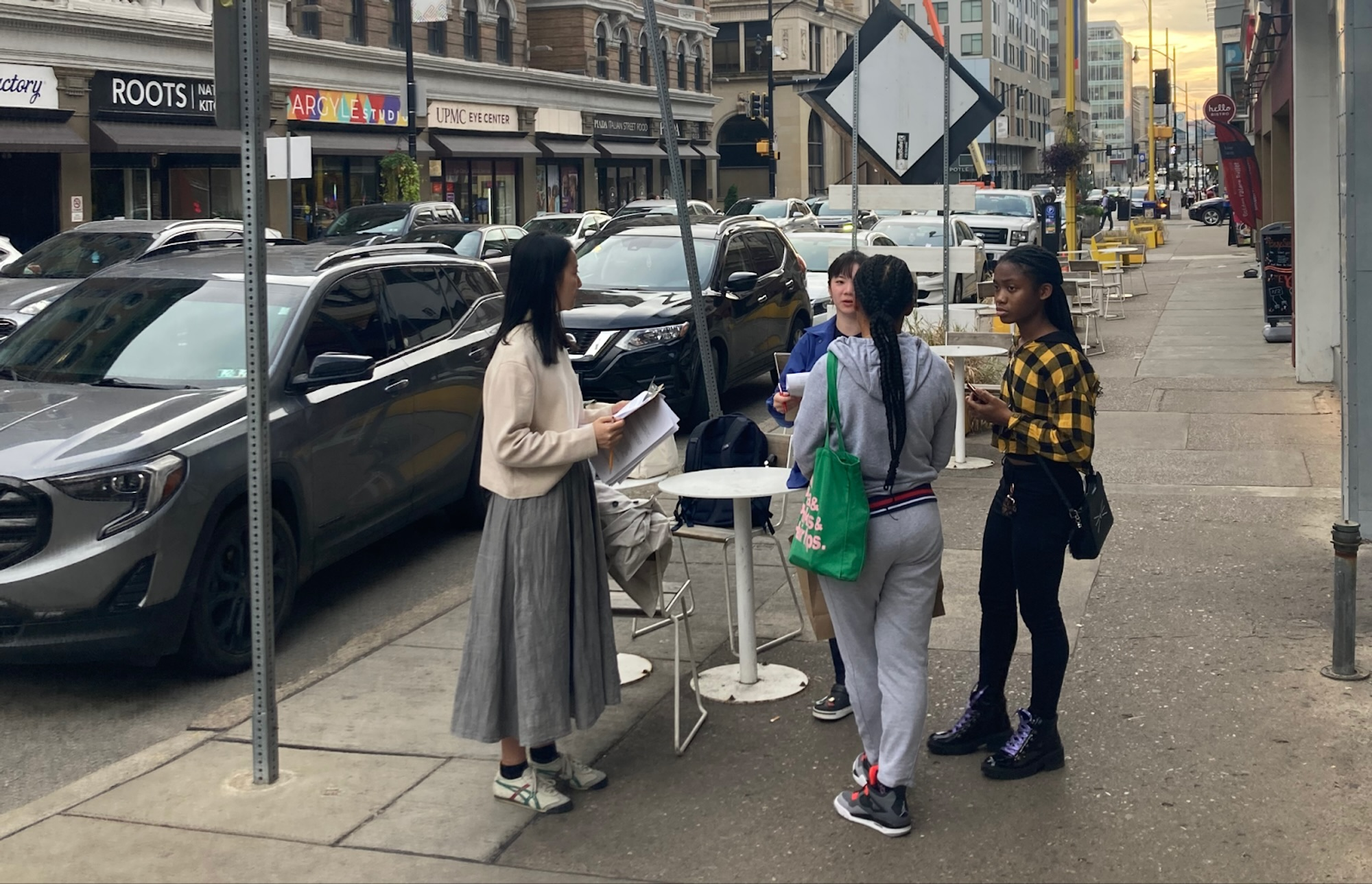 Researchers conducting intercept interviews with drivers