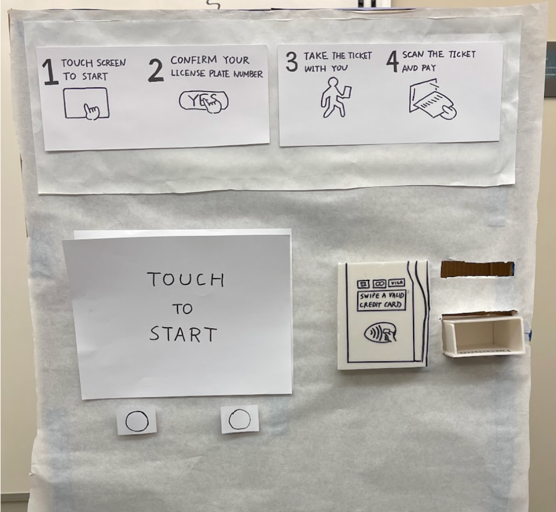 Physical Kiosk prototype — get ticket, go on errands, scan upon return